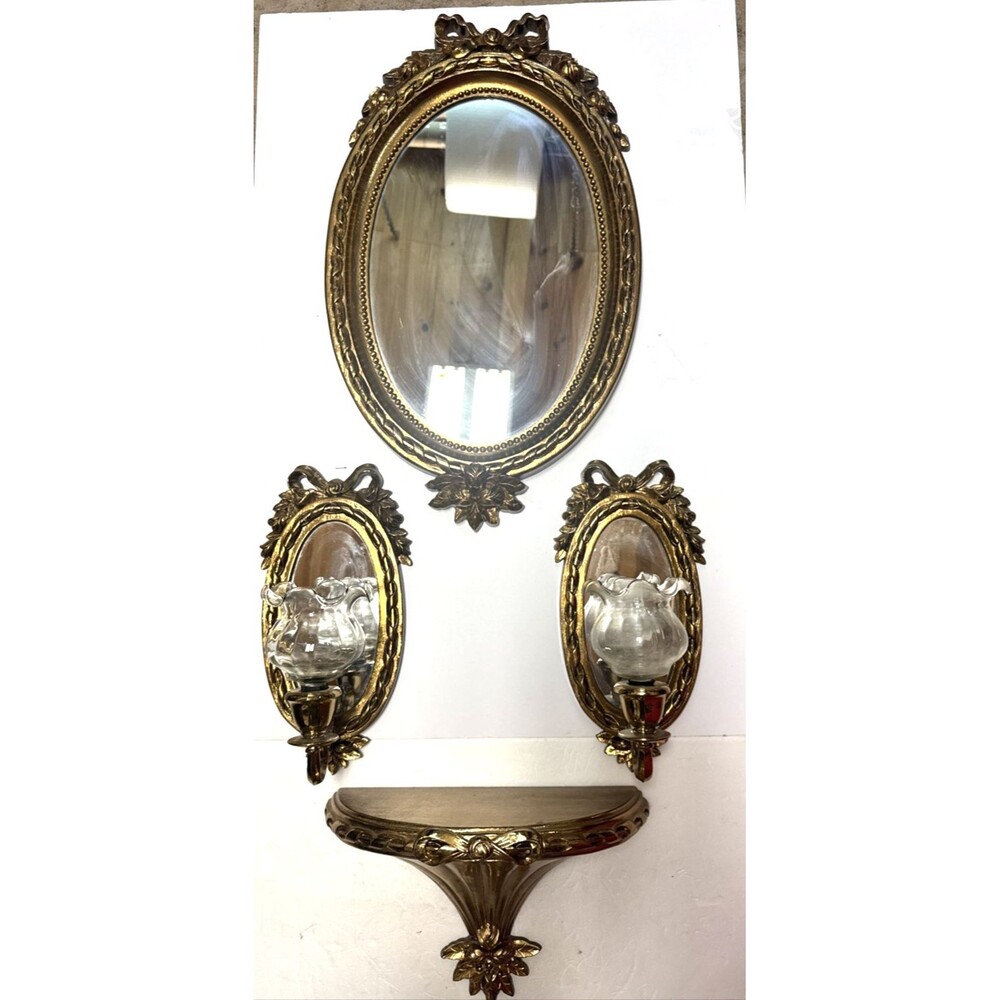 6 Pc Set syroco Mirror Shelf sconces Candle Gold MCM Hollywood Regency bows